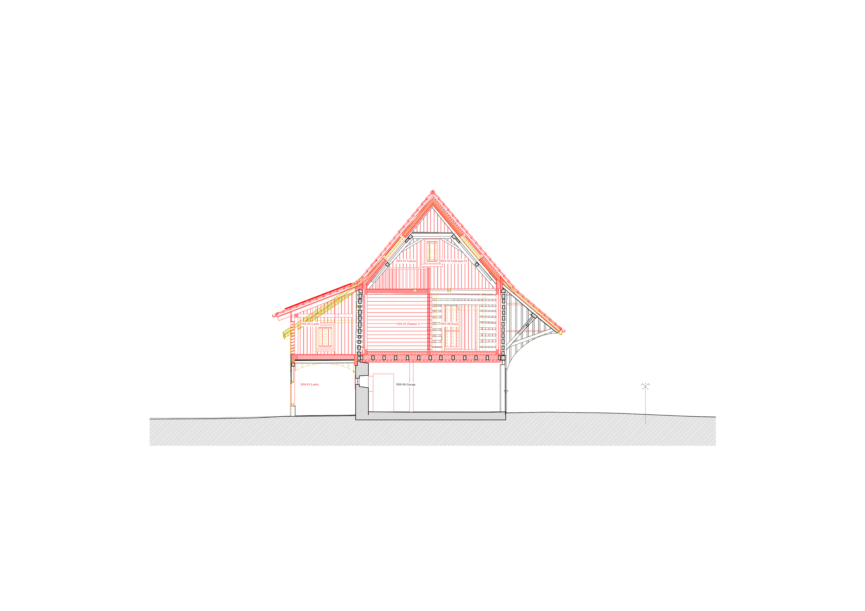 Querschnitt – Lagerraum, Zimmer, Essraum und Galerie