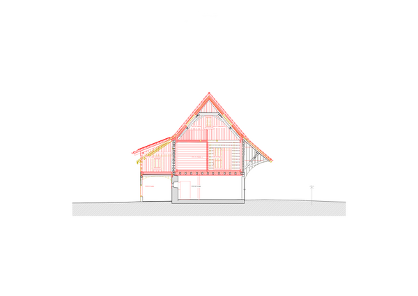 Querschnitt – Lagerraum, Zimmer, Essraum und Galerie